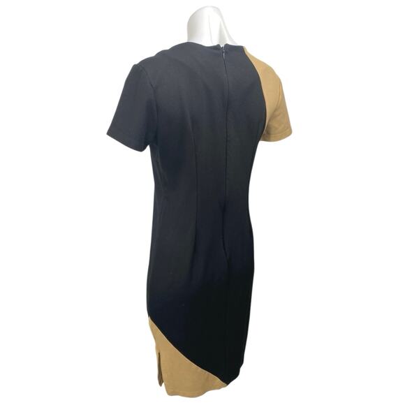 Numari Black Beige Tan Short Sleeve Colorblock Slit Pleated Mini Sheath Dress M - Picture 2 of 4